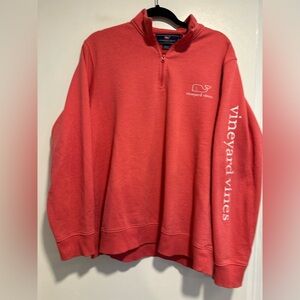 Vineyard Vines Whale Logo Spellout Salmon Pink 1/4 zip Fleece Pullover Sweater.